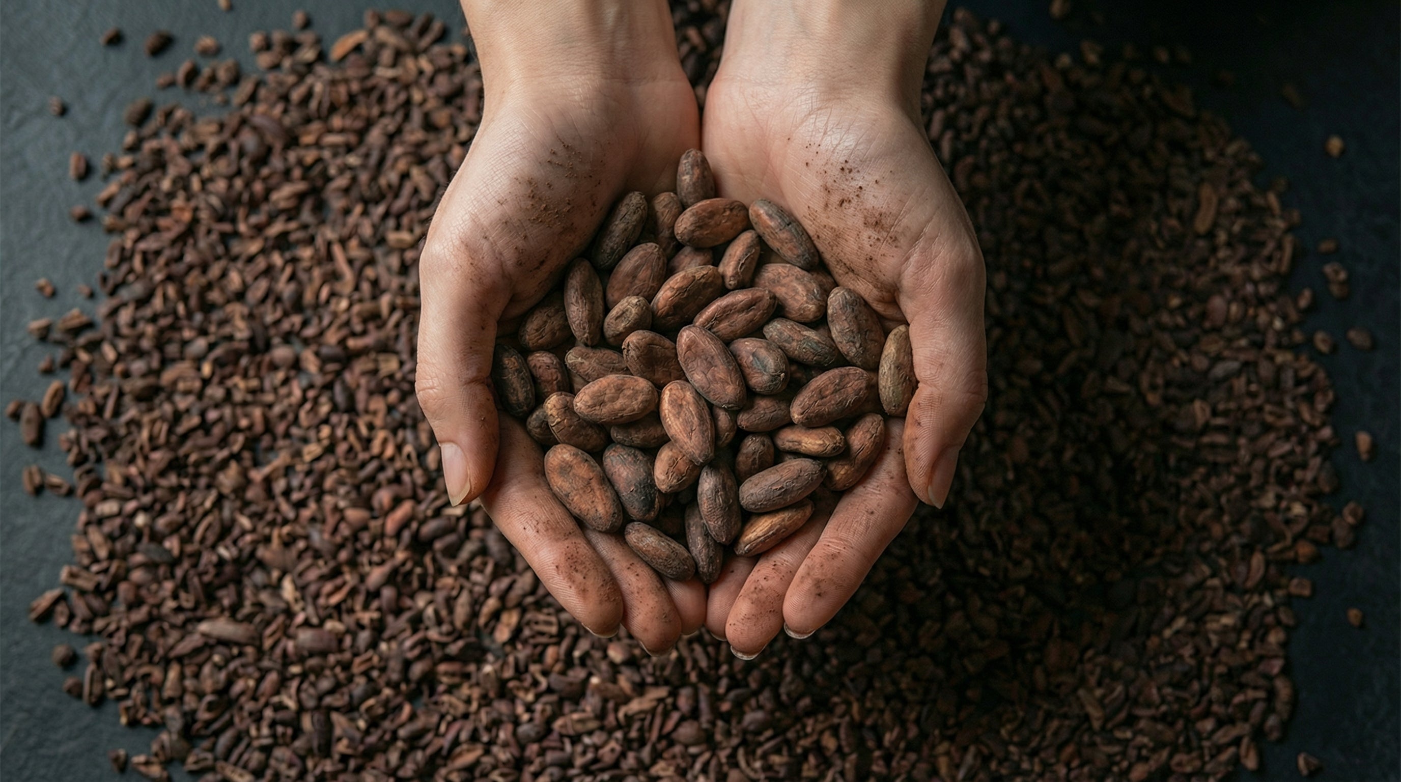 Hands holding freshly harvested cacao beans