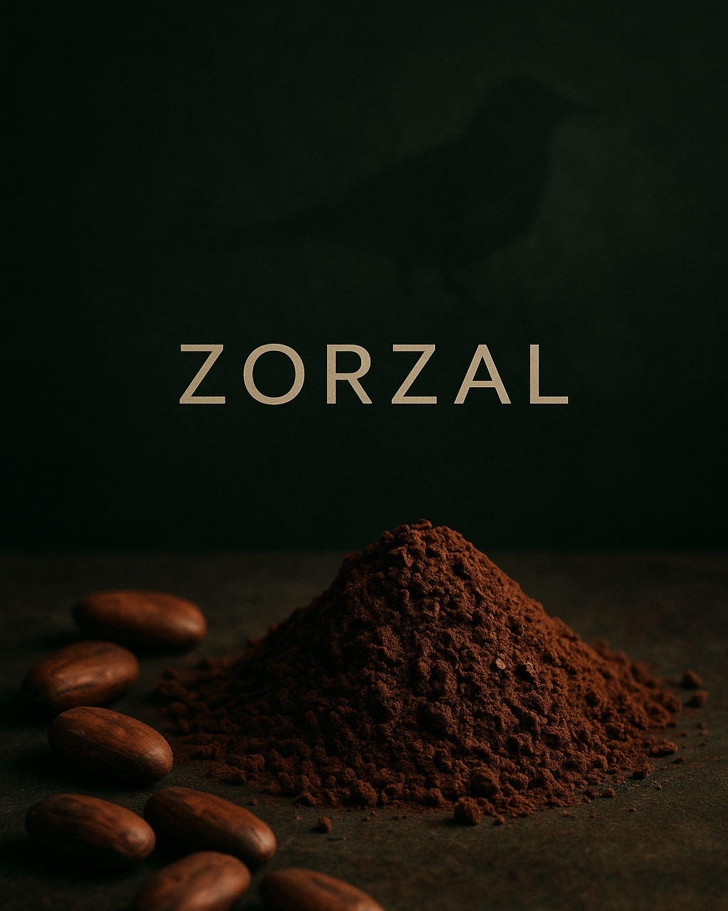 brewing cacao and beans with 'Zorzal' branding on a dark background