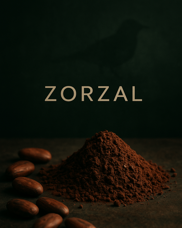 brewing cacao and beans with 'Zorzal' branding on a dark background
