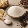 Bowl of allulose sugar alternative with chocolate, cocoa beans, and sugar cubes on a textured surface