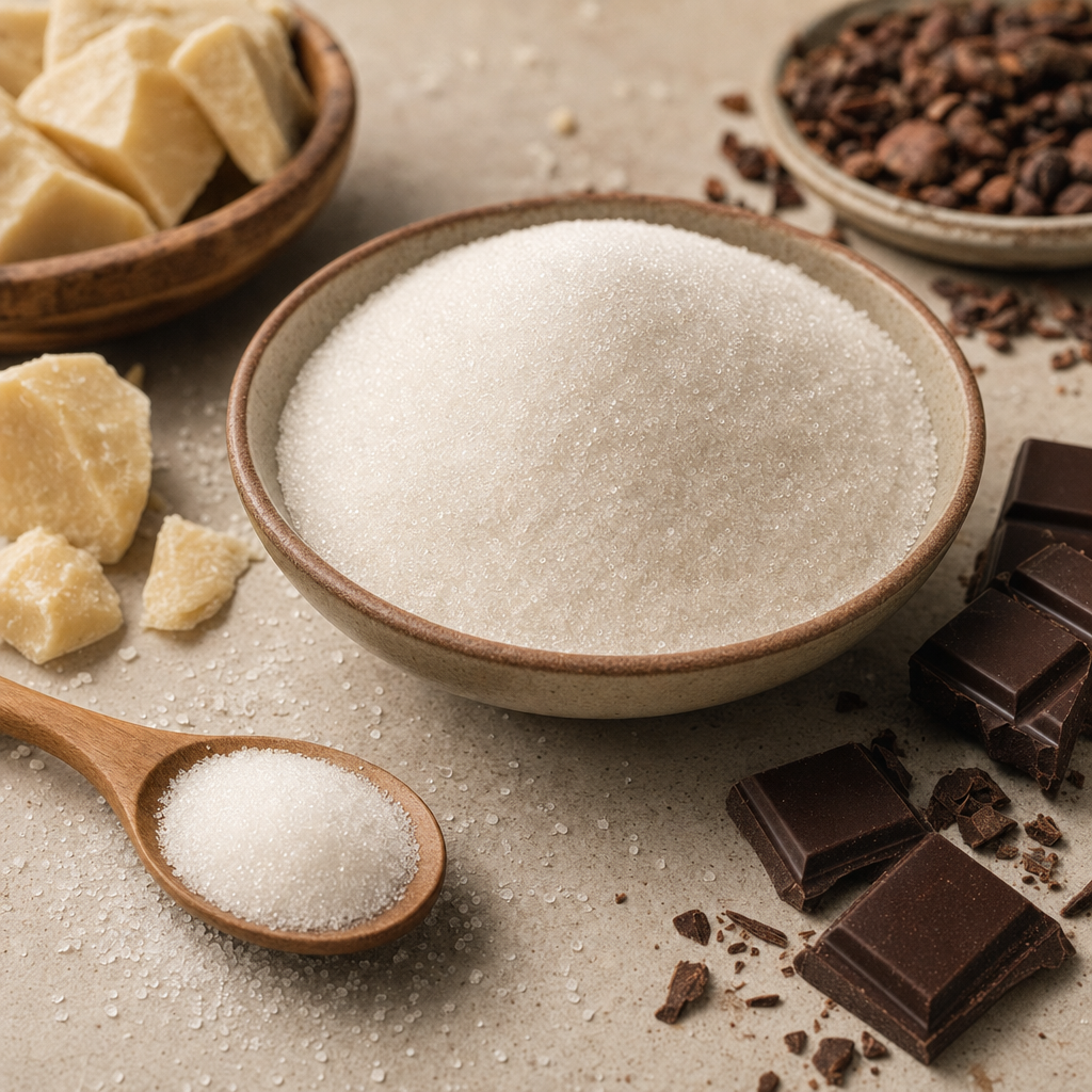Bowl of allulose sugar alternative with chocolate, cocoa beans, and sugar cubes on a textured surface