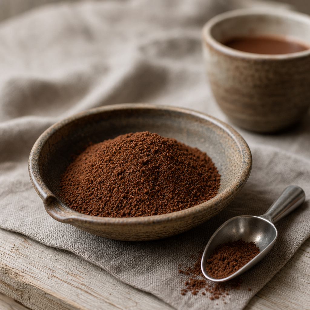 Bowl of ground brewing cacao beside a cup of brewed cacao on linen
