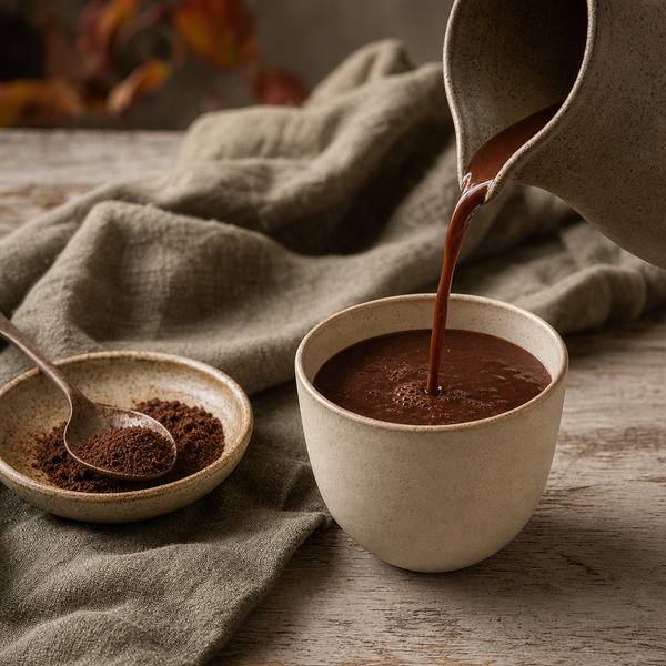 Warm brewed cacao pouring into a ceramic cup beside ground brewing cacao