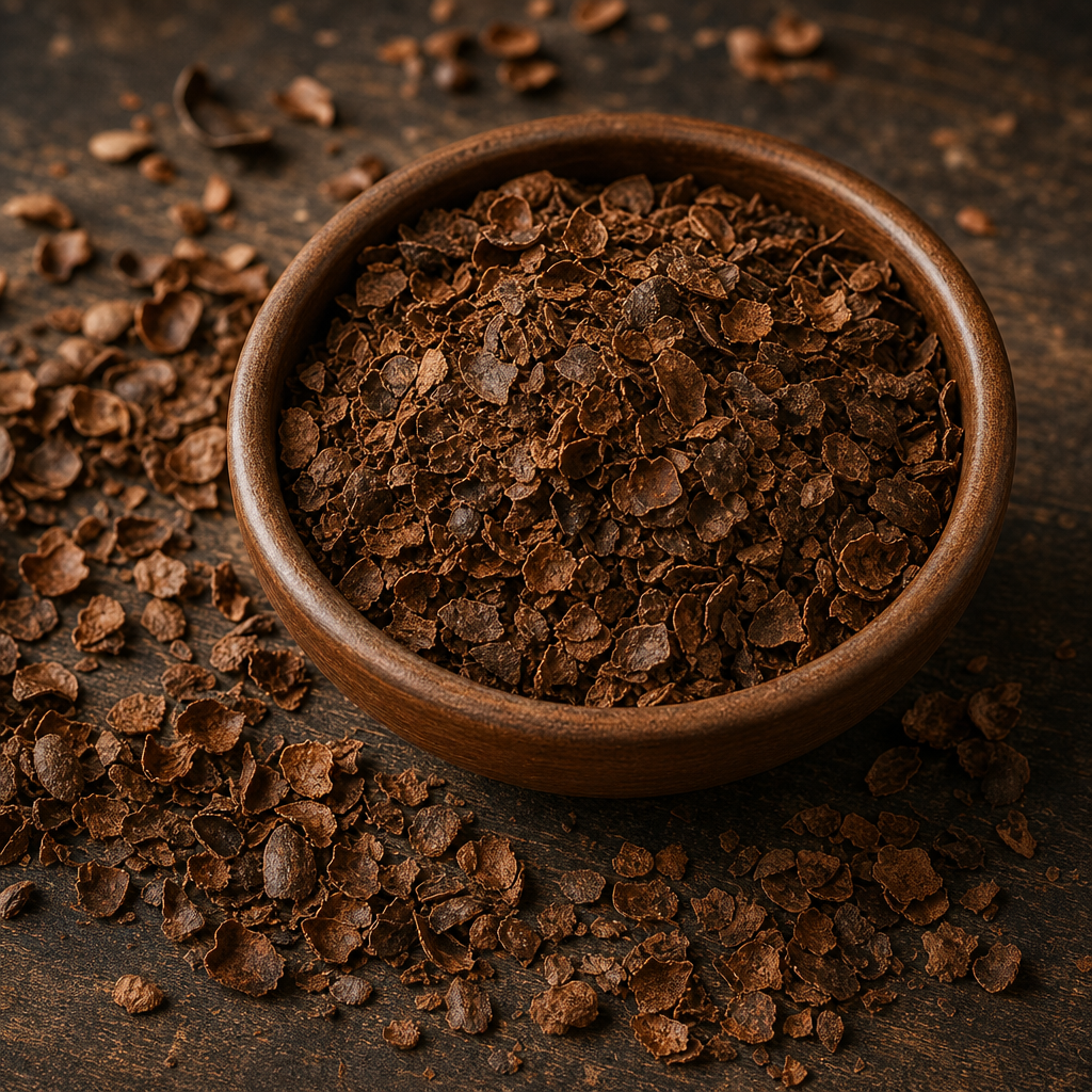 Cacao bean husk flakes in a bowl showing the thin aromatic shells separated from cocoa beans