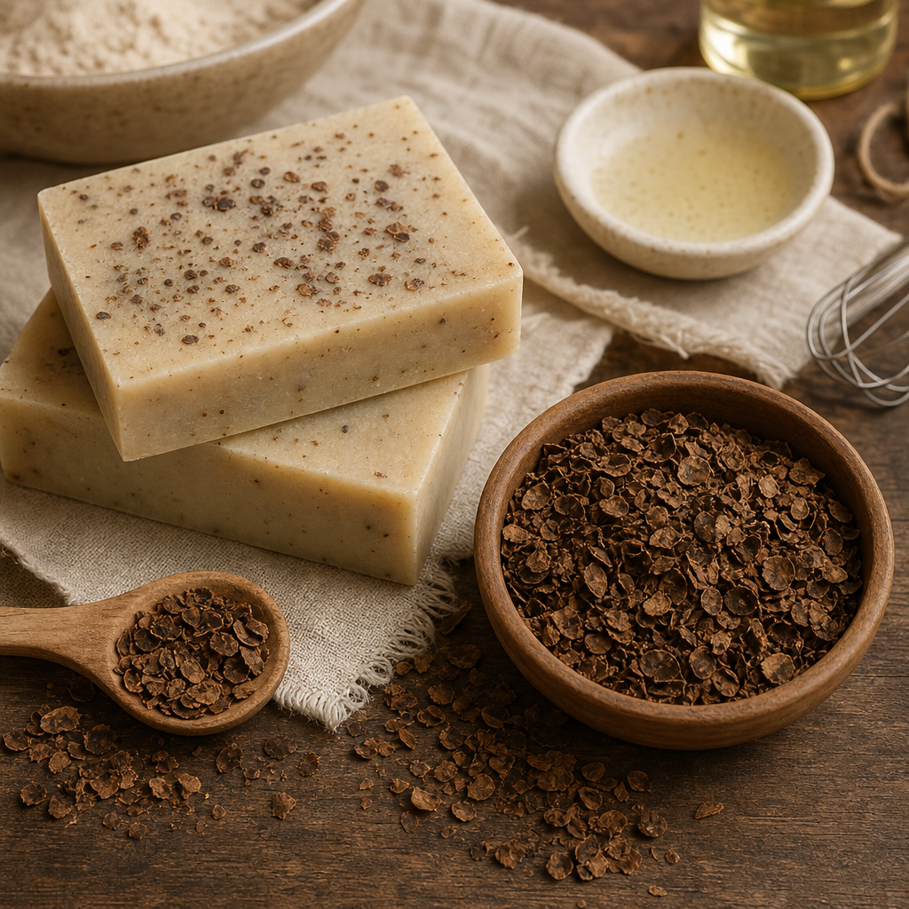 Cacao bean husk flakes used as a natural inclusion for handmade soap and scrub formulations