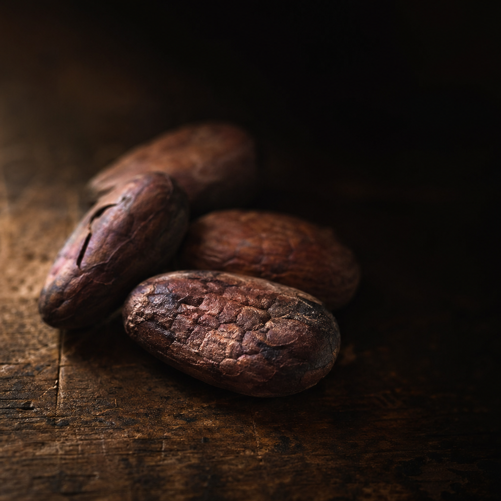 Three dark brown cocoa beans on a rustic wooden surface with a dark background