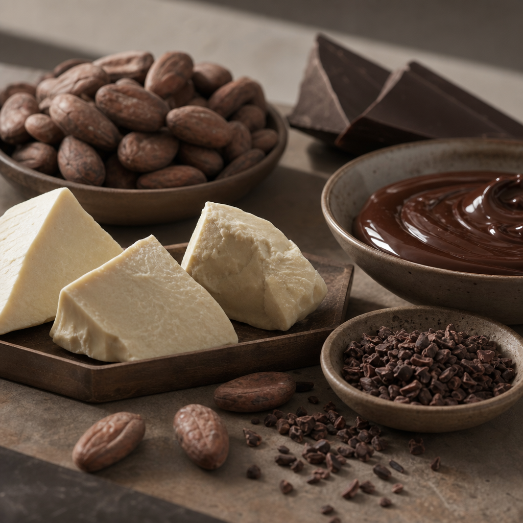 Deodorized cocoa butter with cacao beans and chocolate for showcasing pure cocoa flavor