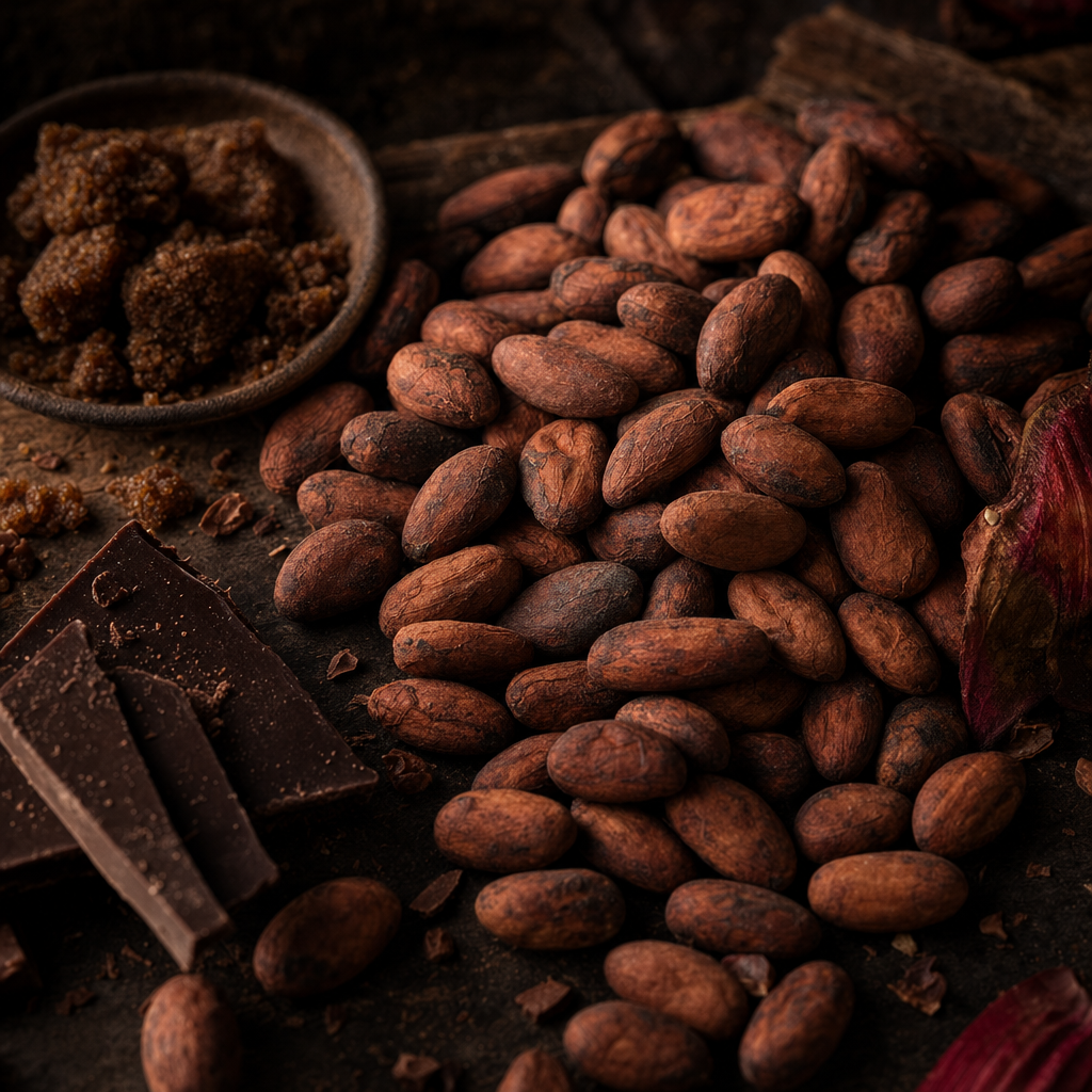 Moody still life of Ecuador Costa Esmeraldas cacao beans with dark chocolate and warm brown sugar tones.