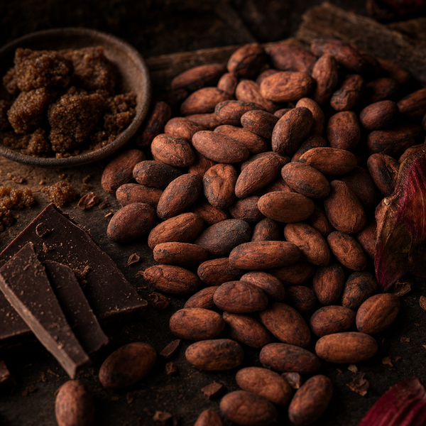 Moody still life of Ecuador Costa Esmeraldas cacao beans with dark chocolate and warm brown sugar tones.