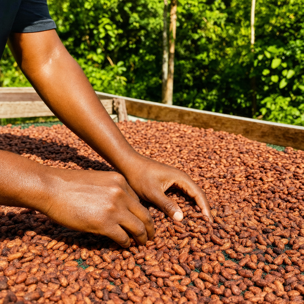 Hands sorting Fiji Rakiraki cacao beans on a sunlit drying table