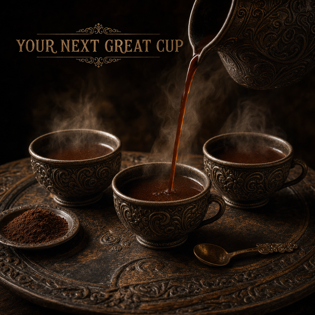 Ghana Brewing Cacao pours into one of three ornate cups beneath the words “Your Next Great Cup”