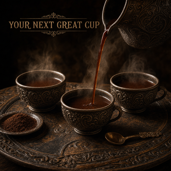 Ghana Brewing Cacao pours into one of three ornate cups beneath the words “Your Next Great Cup”