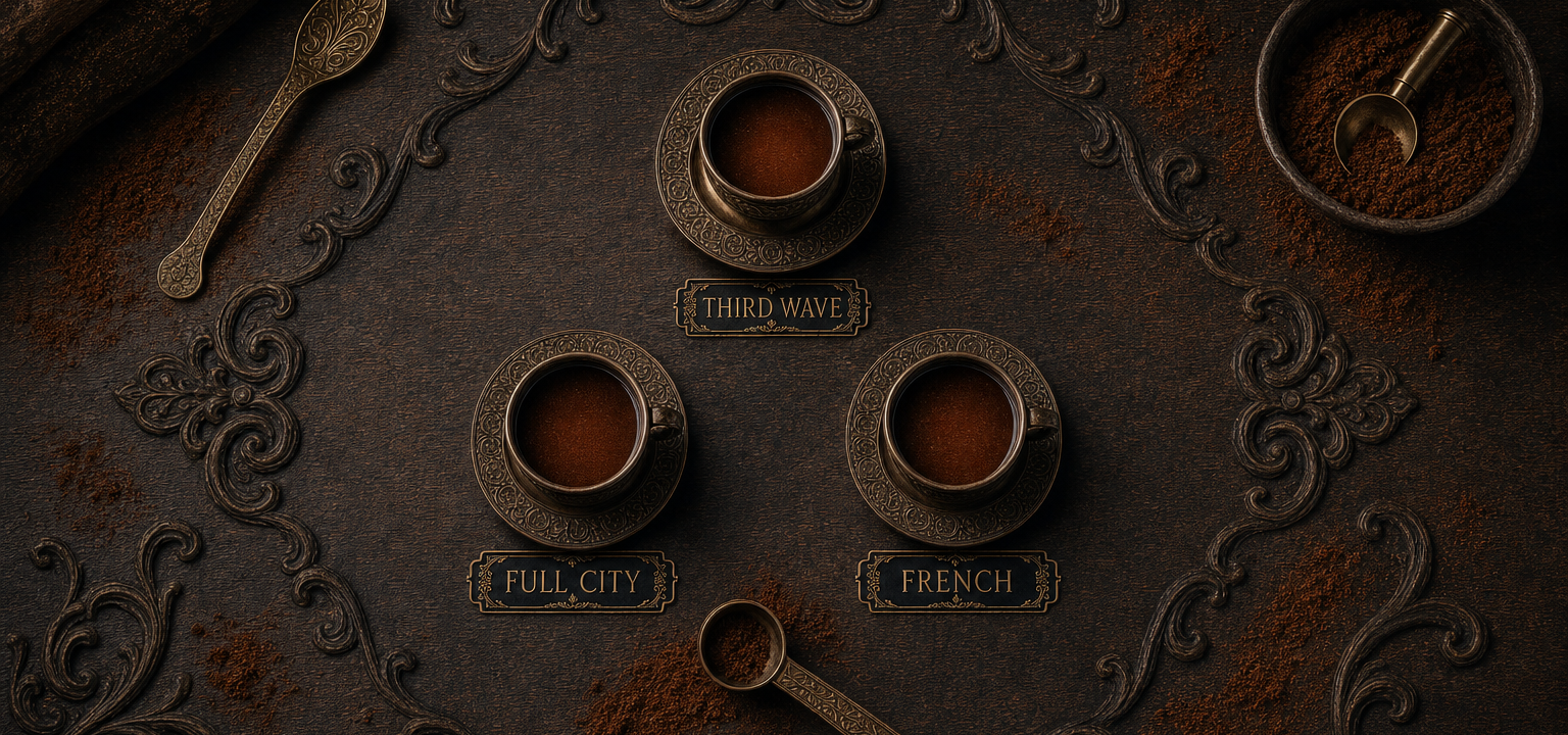 Three cups of Ghana Brewing Cacao labeled Third Wave, Full City, and French on a dark carved table