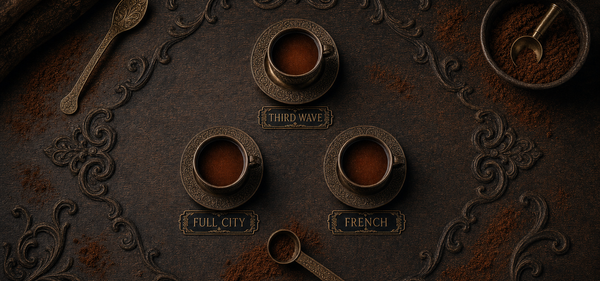 Three cups of Ghana Brewing Cacao labeled Third Wave, Full City, and French on a dark carved table