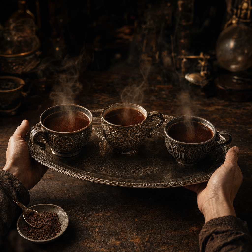 Hands carry a metal tray with three steaming cups of Ghana Brewing Cacao in a dark workshop