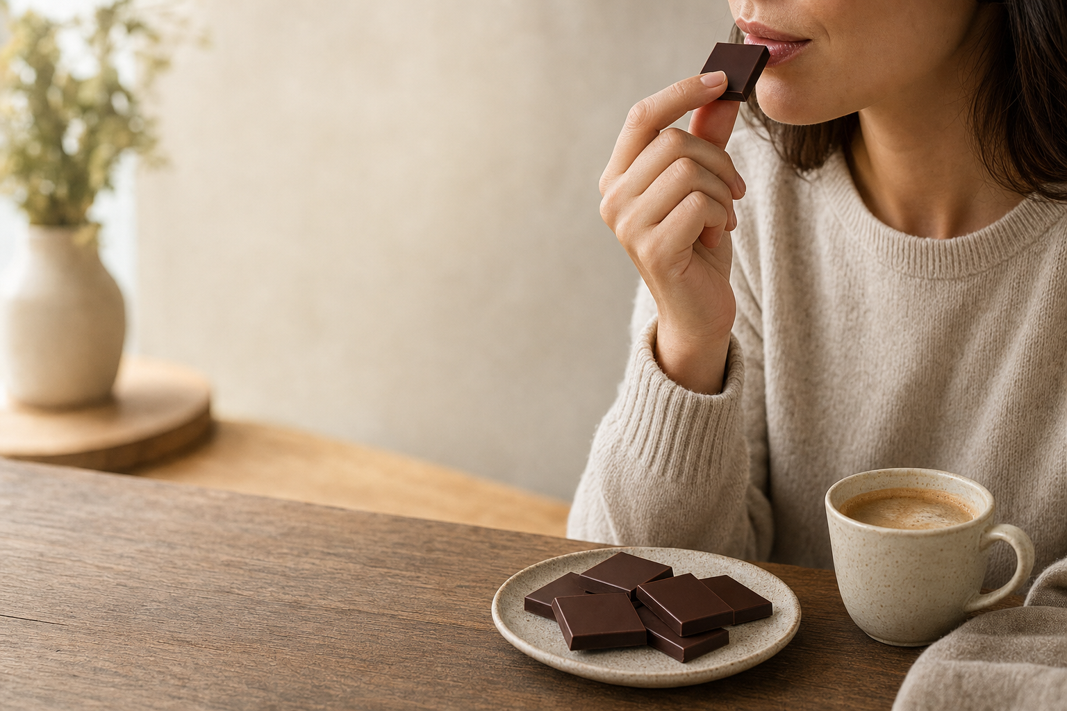 Person eating chocolate with a cup of coffee on a wooden table