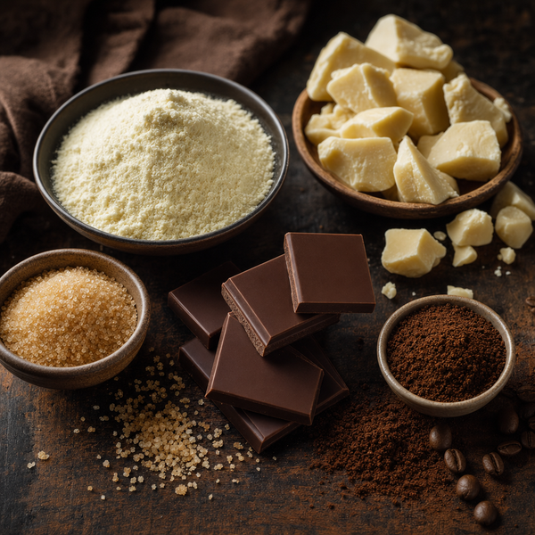 Latte Kit ingredients including cocoa powder, chocolate pieces, and coffee on a wooden surface.