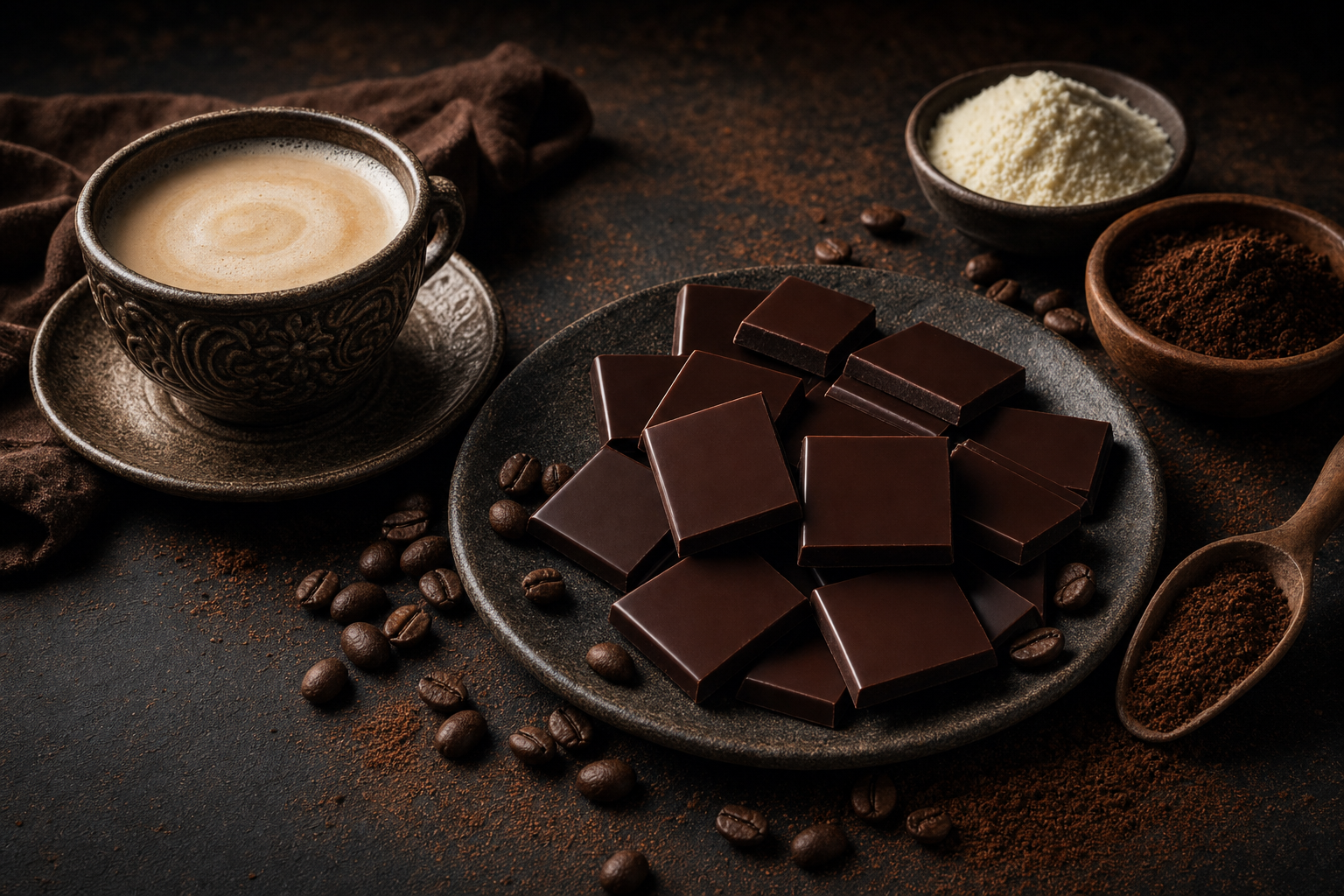 Cup of Latte, plate of chocolate pieces, and bowls of ingredients on a dark surface