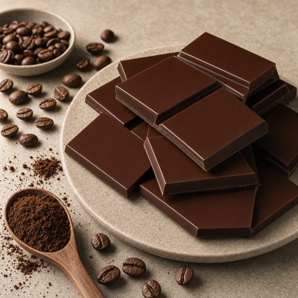 Latte chocolate bars on a plate with coffee beans and ground coffee on a stone surface