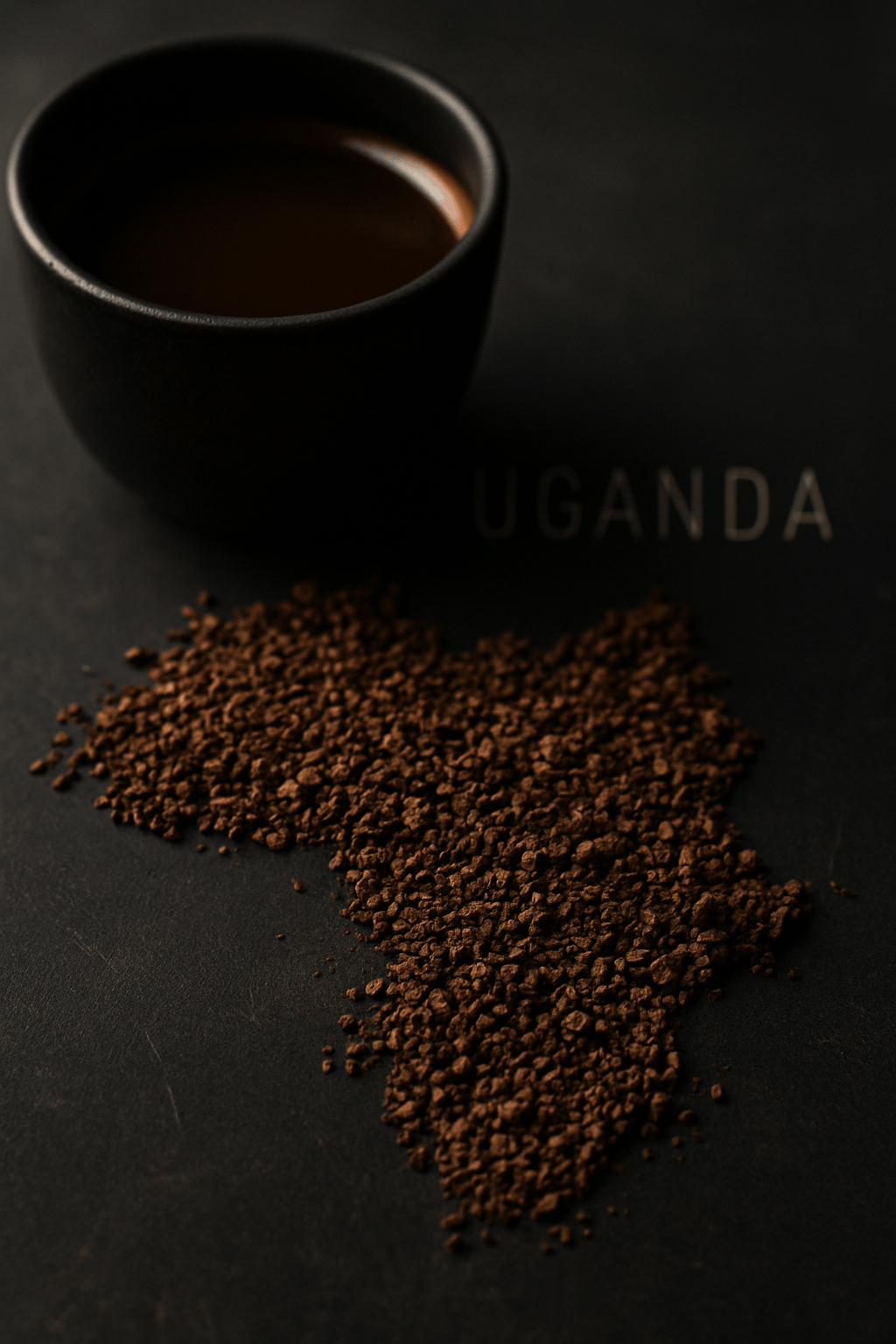 Map of Africa made from ground coffee beans with a cup of coffee on a dark background, featuring the word 'Uganda'.