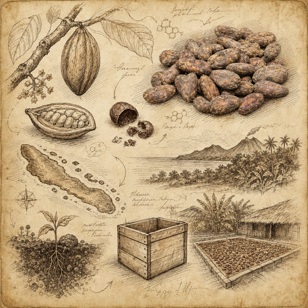 Illustration of cocoa beans, cacao pod, and cocoa plant on a vintage background