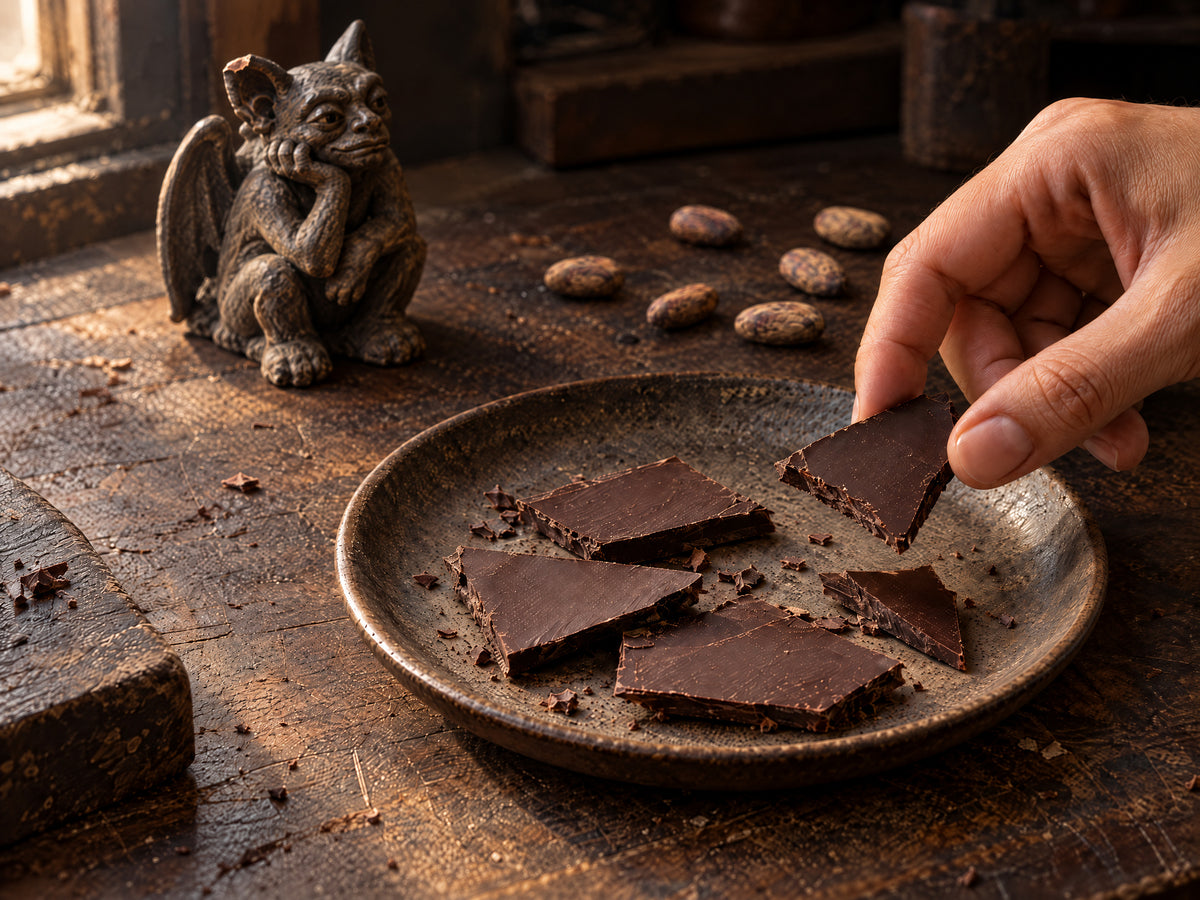 Pieces of evaluation chocolate made from Walikeewa cacao beside loose beans on a worn workbench.