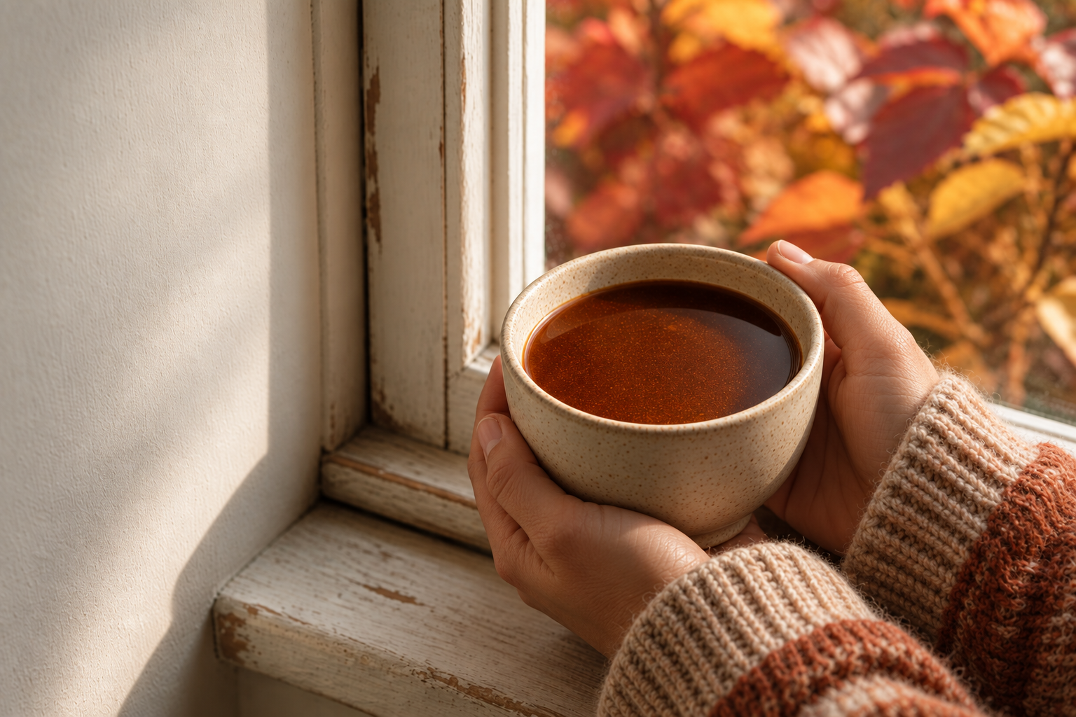 A warm cup of brewed cacao held by two hands in a sunlit autumn window