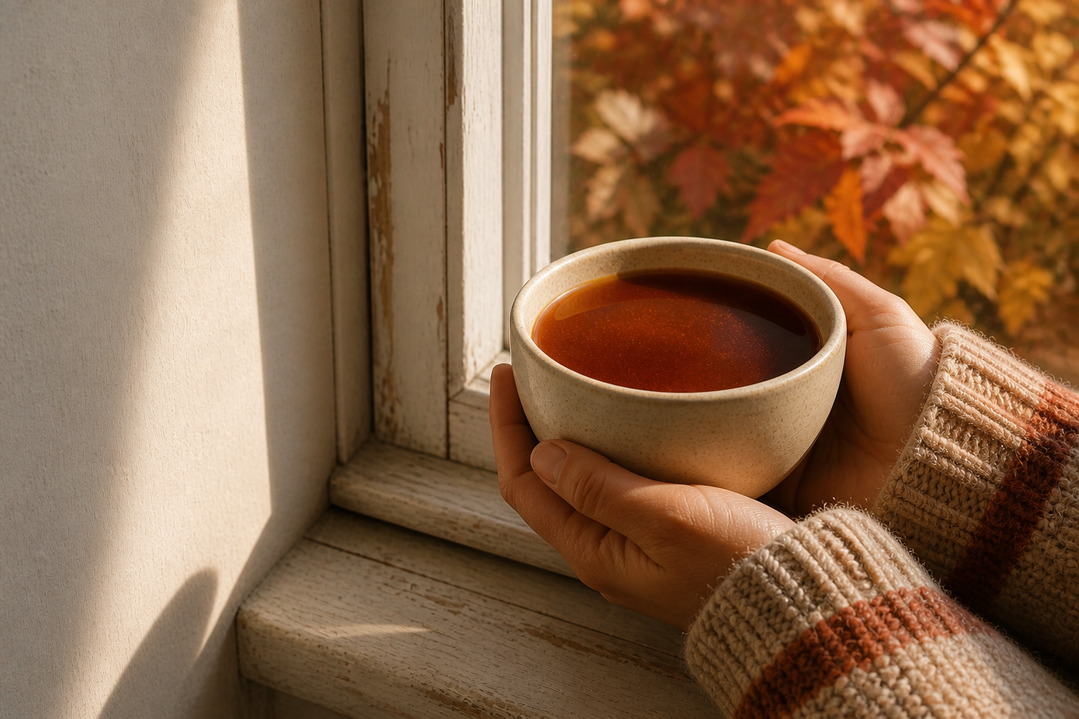 A warm cup of brewed cacao held by two hands in a sunlit autumn window