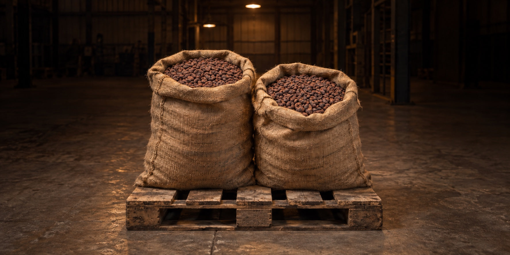 Two open sacks of cacao beans on a pallet in a softly lit warehouse